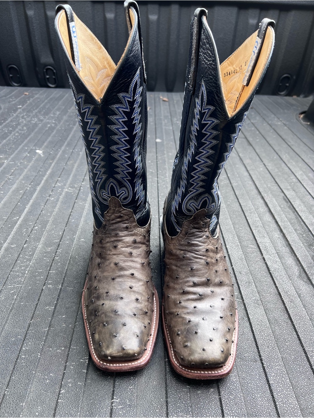 Anderson Bean Gray Ostrich Vamps with Black Embroidered Shafts Western Boots